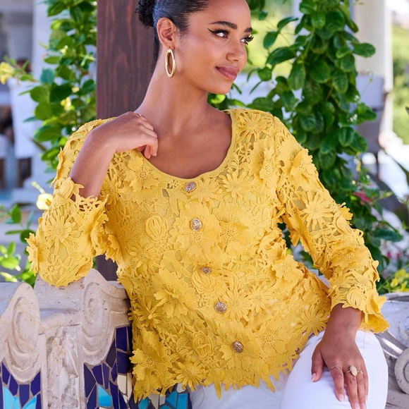 Boston Proper Yellow Lace Three Quarter sleeved Jacket size XS - Picture 1 of 16